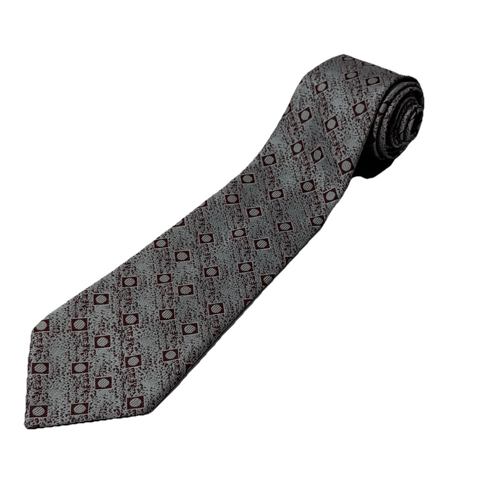 Vintage Abc Necktie 1970s Geometric Burgundy Gray Diamonds Polyester Tie
